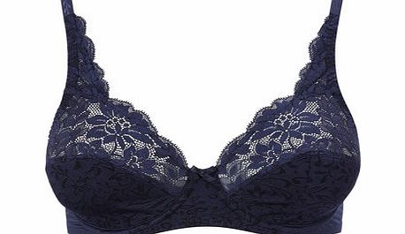 Womens Navy Jacquard and Lace Underwired Bra,