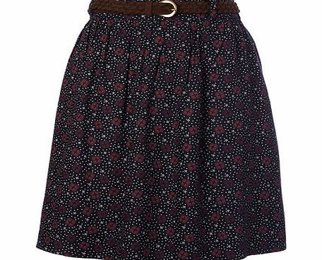 Womens Navy Printed Belted Skirt, navy print