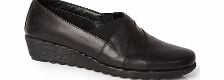 Womens TLC Black Leather Asymetric Scratch Wedge