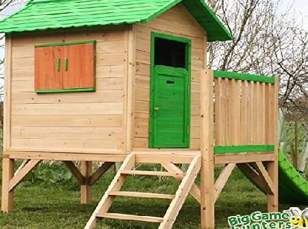Big Game Hunters Chestnut Tower Wooden Playhouse, Painted Garden Play House with Slide and Stairs