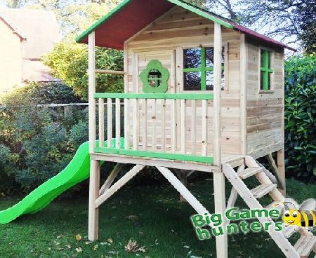 Pinewoods Den Wooden Childrens Playhouse Tower on Stilts with Slide - Large Painted Garden Wendy Play House