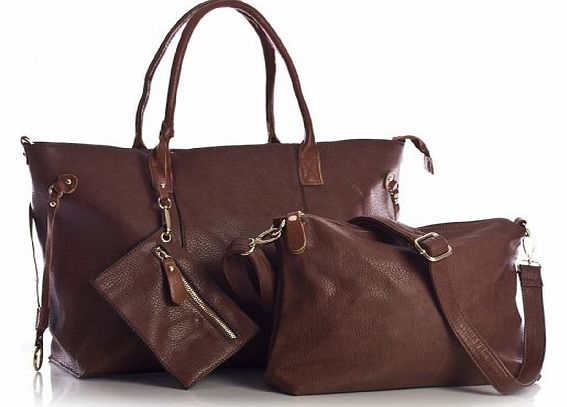 Womens Top Zip Opening 3 in 1 Tote Shopper Bag with Medium Long Strap and Make up Bag (LS 299 Dark Tan)