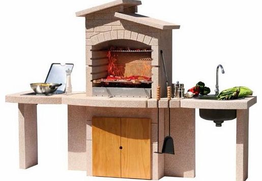 All in One Masonry Barbecue, Kitchen Sink & Gas Burner - Stone Barbecue Unit - 2 Side Tables - Base Drawer Cabinet - Integrated Tool Holder - Garden Barbecue - Charcoal bbq