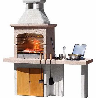 Formentera White Masonry Barbecue - 1 Burner , 1 Grill - Lower Wooden Cupboard - Separate Worktop - White Barbecue - Garden Barbecue - Wood, Charcoal bbq