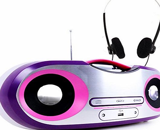 BigBen Interactive Radio Stereo FM MP3 USB pink and white LCD display music system headphones