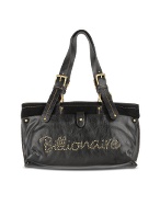 Billionaire Studded Logo Black Leather and Suede Satchel Bag