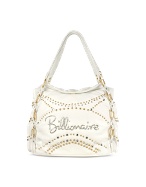 White Rhinestone Logo Double-handle Studded Bag