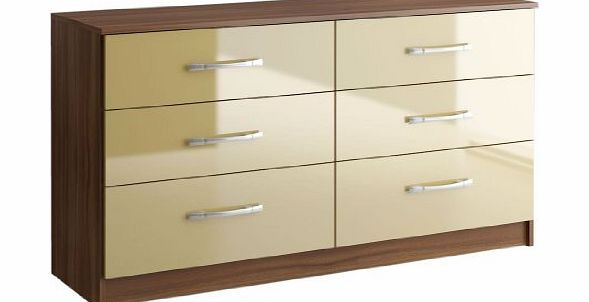 Birlea 6 Drawer Chest - Lynx Walnut and Cream High Gloss - Contemporary Furniture - Assembly Required