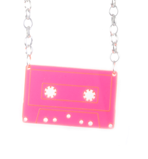 Bits and Bows Pink Neon Perspex Retro Cassette Necklace from
