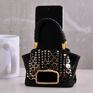 Black and Gold Sequin Handbag Mobile Phone Holder