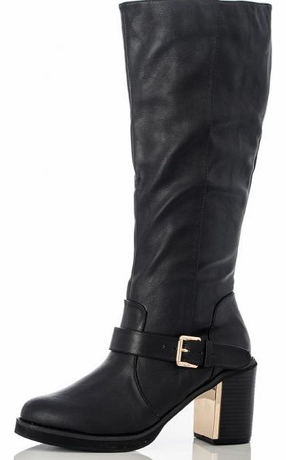 Black Block Heel Gold Plate High Boots