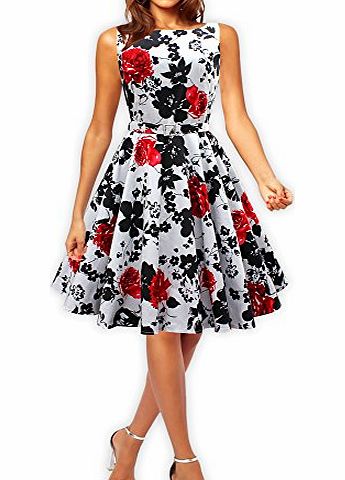 Classy Audrey Vintage Floral 1950s Rockabilly Swing Evening Dress (Size 14, White & Red)