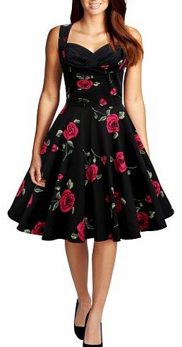 Classy Vintage 1950s Pinup Full Circle Swing Dress - Black - Large Red Roses - Size 16