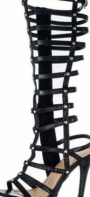 Black Calf Length High Heel Gladiator Sandals