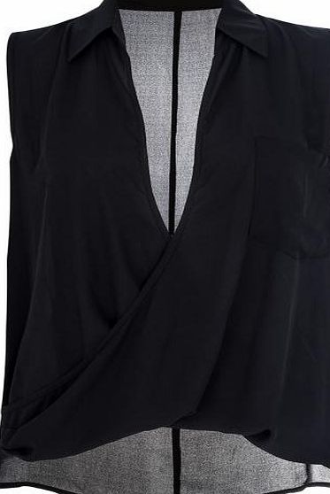 Black Chiffon Sleeveless Wrap Blouse