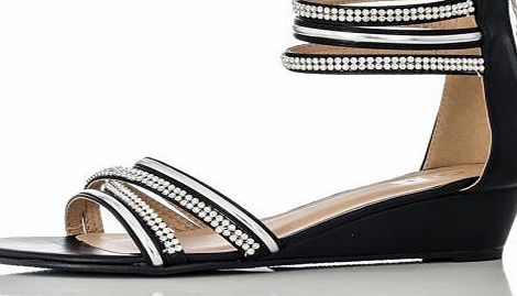 Black Diamante Strap Low Wedge Sandals
