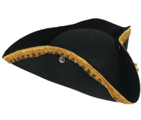 Black Felt Tricorn Hat with Gold Trim