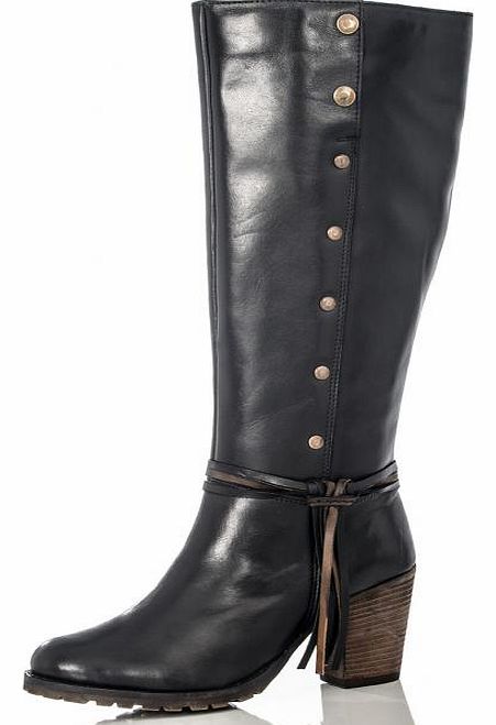Black Leather Button Calf Length Boots