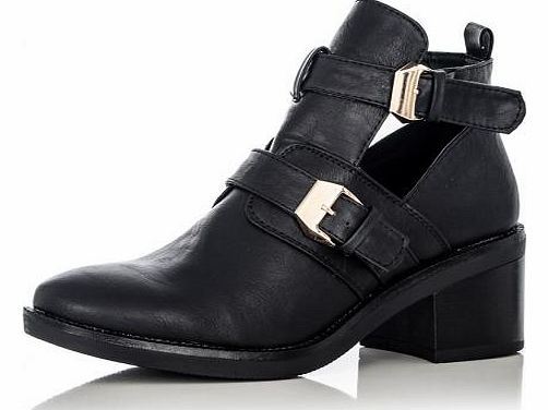 PU Gold Buckle Cut Out Ankle Boots