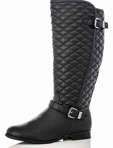 Black Quilted Calf Length Flat Boots