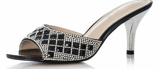Black Square Jewel Diamante Sandals