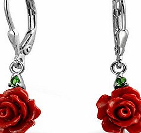 Bling Jewelry Easter Jewelry 925 Silver Red Resin Rose CZ Leverback Earrings Rhodium Plated
