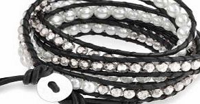 Bling Jewelry Stackable White Simulated Pearl Black Leather Wrap Bracelet 42in