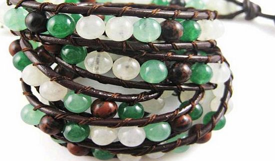 Bling Jewelry White Marble Simulated Aventurine Stone Beads Long Leather Wrap Bracelet