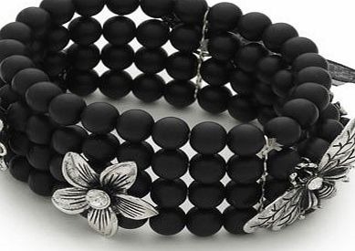 Bling Rocks Designer Contemporary Celebrity Style Black Midnight Fleur Diamante and Silver Stretch Bracelet Featuring Dragonfly/Flowers.