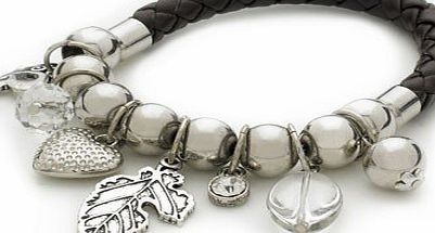 Bling Rocks Designer Contemporary Celebrity Style Silver Edge Stretch Heart, Butterfly and Leaf Charm and Bead Bracelet.
