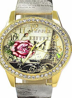 Bluelans Rose Flower Printed Dial Faux Leather Strap Watch Ladies Dress Quartz Watches (Grey)