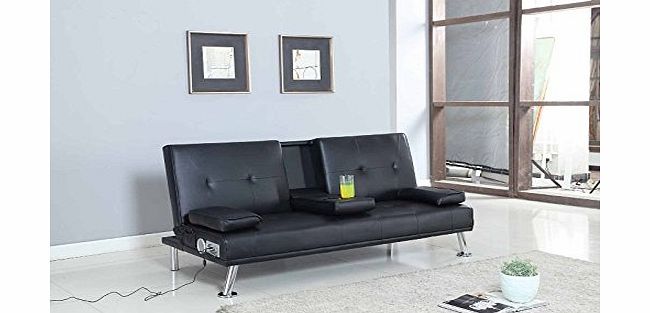 Bluetooth Cinema Sofa Bed with Drink Cup Holder Table Black Faux Leather