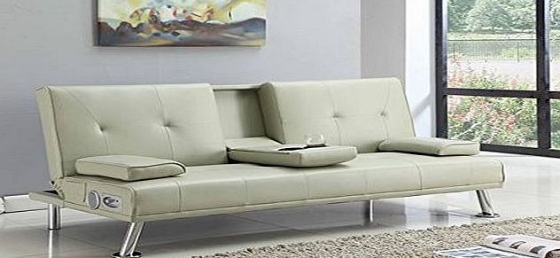 Bluetooth Sofa Bluetooth Cinema Sofa Bed with Drink Cup Holder Table Cream Faux Leather