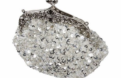 BMC Womens Satin Satchel Beaded Sequin Embellished Metal Frame Clutch Vintage Bridal Evening Handbag, Midnight Gala Collection - BALL GOWN WHITE