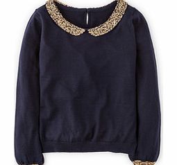 Embellished Collar Jumper, Blue,Light Cream