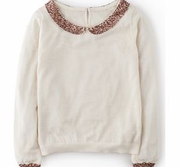 Embellished Collar Jumper, Light Cream,Blue