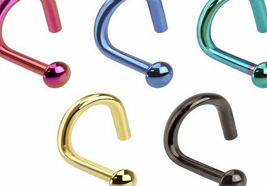 Body Jewellery Shack (Pack of 5) Nose Piercing Screws Studs Dome top Titanium IP, in Black, green, gold, blue, and pink