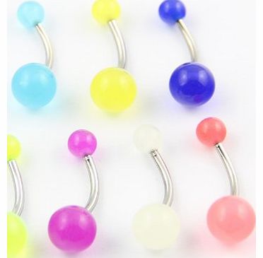7pcs 14 Guage Random Color UV Light Reactive Glow In The Dark Belly Button Naval Ring Barbell Stud