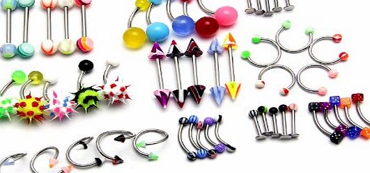 BODYA Lot of 50 Assorted 10 Styles Tongue Belly Navel Lip Eyebrow Nose Labret Bars Rings Stud Button Barbells Wholesale Body Jewelry