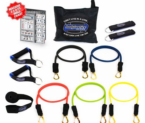 Bodylastics 12 pcs Resistance Bands *MAX TENSION Set (96 lbs.) with 5 anti-snap exercise tubes, Heavy Duty components, carrying case, and 3x4 ft wall chart with over 100 exercises