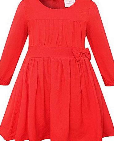 Bonny Billy Girls Long Sleeve Solid Pleated A-Line Children Dress with Bow 8-9 Years Red