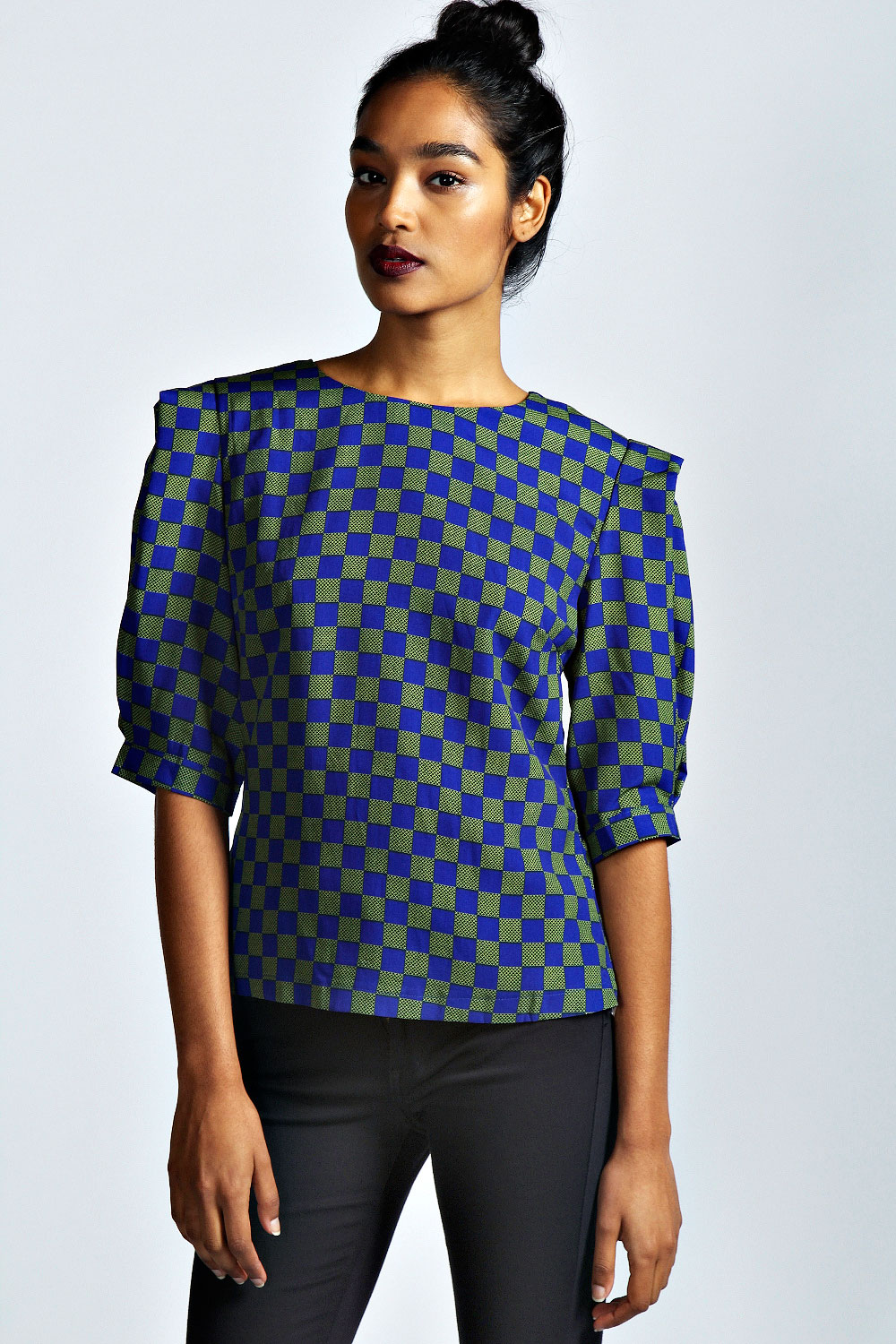 boohoo Abbey Exaggerated Sleeve Square Print Blouse -