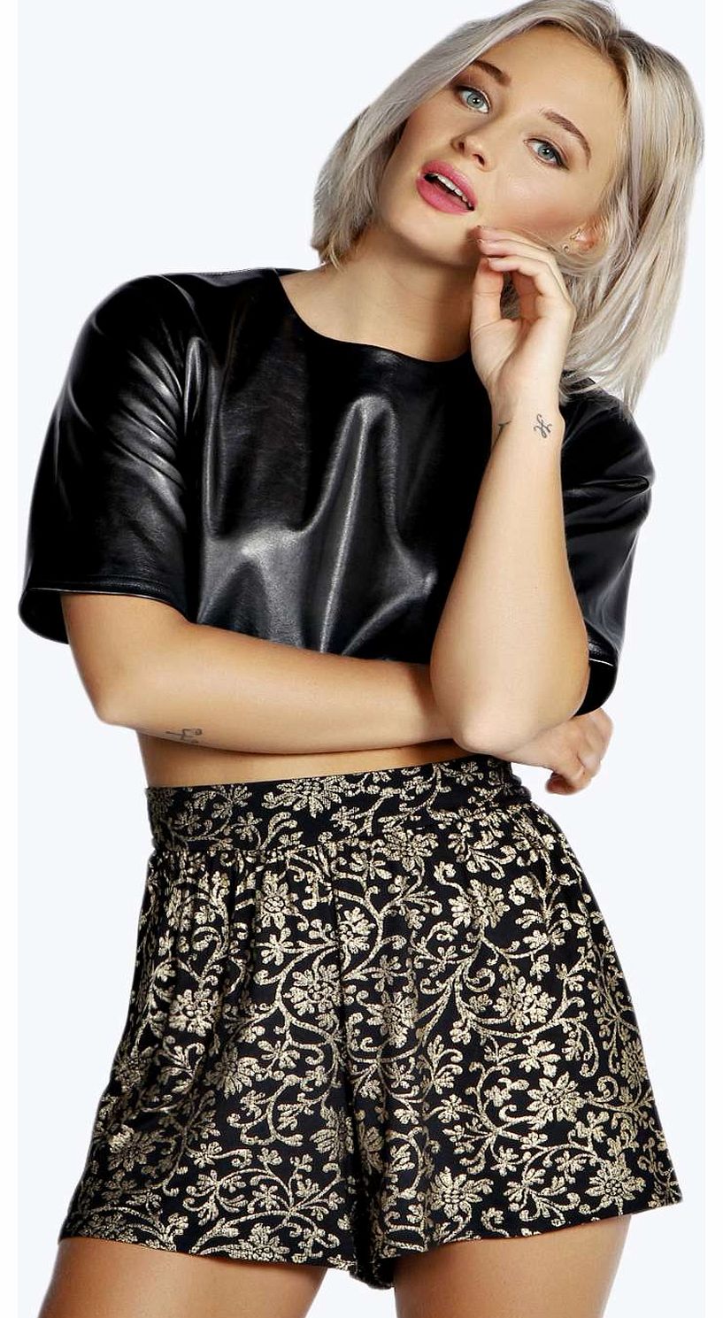 Abbey Gold Brocade Print Flippy Shorts - black