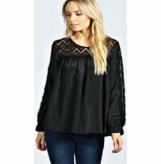 boohoo Abbi Lace Panel Long Sleeve Swing Blouse - black