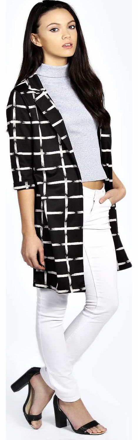 boohoo Abbie Grid Print Duster Coat - black azz18605