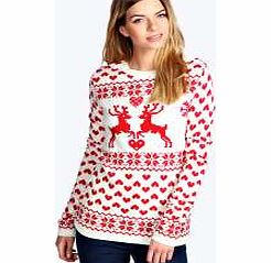 boohoo Addison Reindeer Love Christmas Jumper - cream