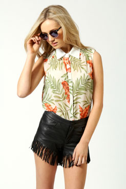 boohoo Agatha Tropical Leaf Sleeveless Chiffon Blouse