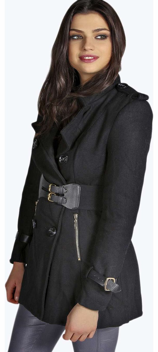 boohoo Aja Belted Wool Look Coat - black azz14357