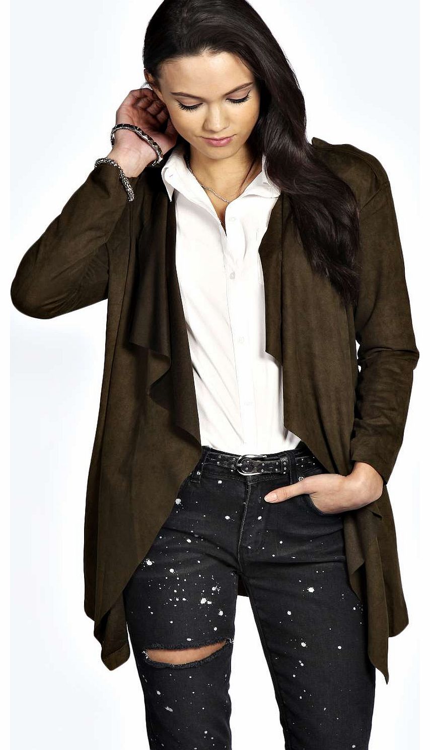 boohoo Alana Suedette Waterfall Jacket - khaki azz18345