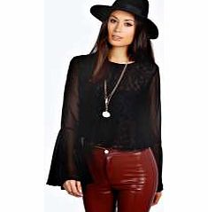 boohoo Aleena Crochet Front Frill Sleeve Blouse - black
